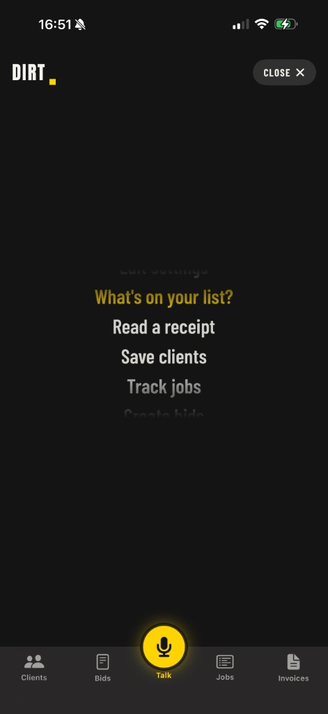 DIRT Talk screen — voice menu with Read a receipt, Save clients, Track jobs, and the Talk microphone button